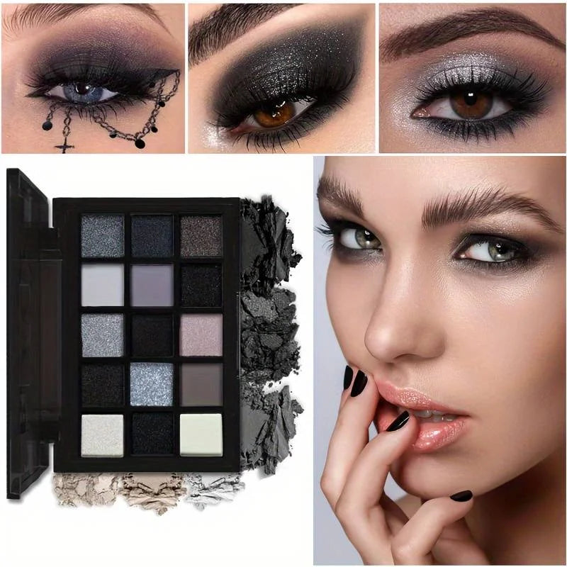 Black Smokey Eyeshadow Palette, 15 Colors ,Punk Style,Neutral Eye  Make up, Shimmer Pearly Sequin Eyeshadow