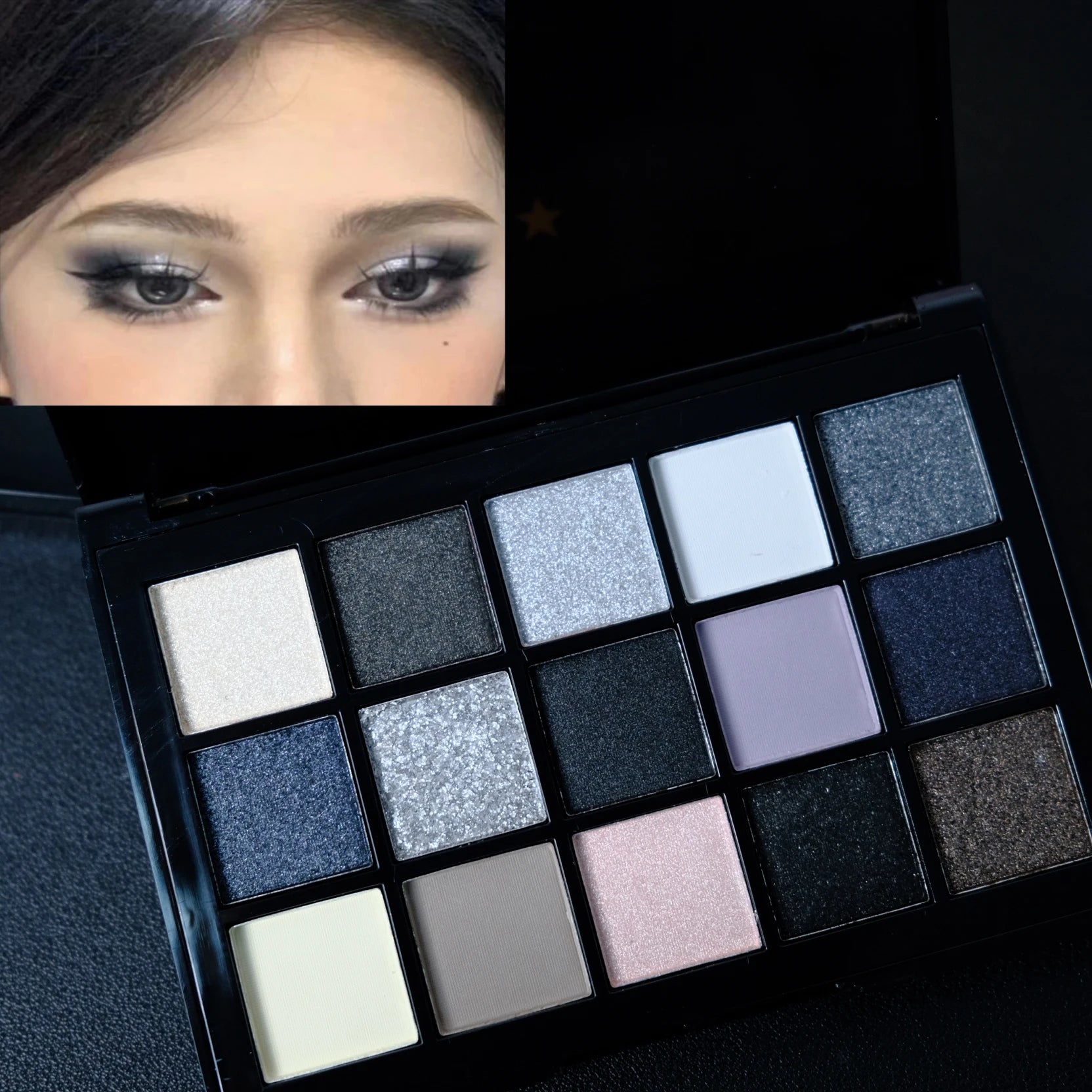 Black Smokey Eyeshadow Palette, 15 Colors ,Punk Style,Neutral Eye  Make up, Shimmer Pearly Sequin Eyeshadow